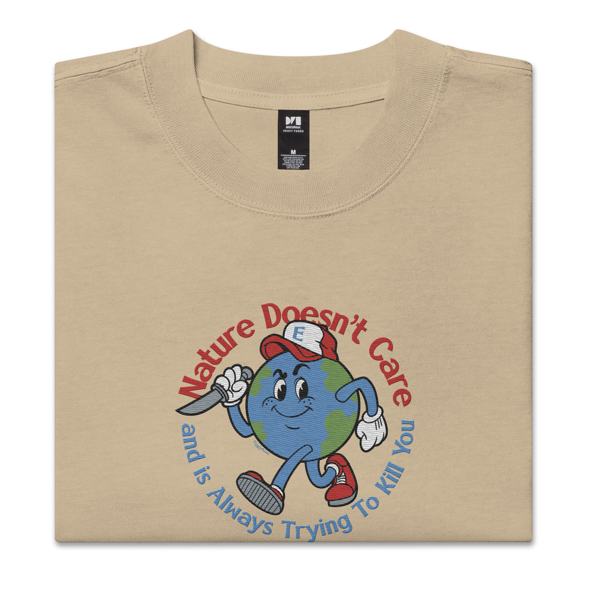 Nature Doesn&#39;t Care Embroidered Oversized Faded T-Shirt