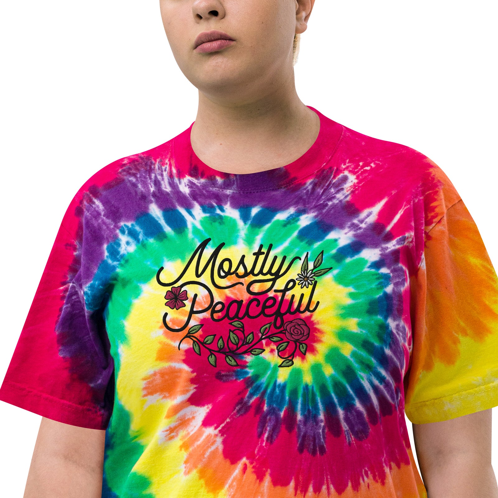 Mostly Peaceful Oversized Embroidered Tie-dye T-shirt