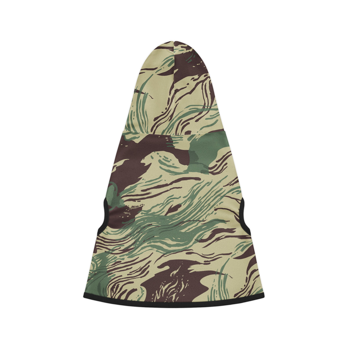 Camouflage-patterned dog coat on a white background
