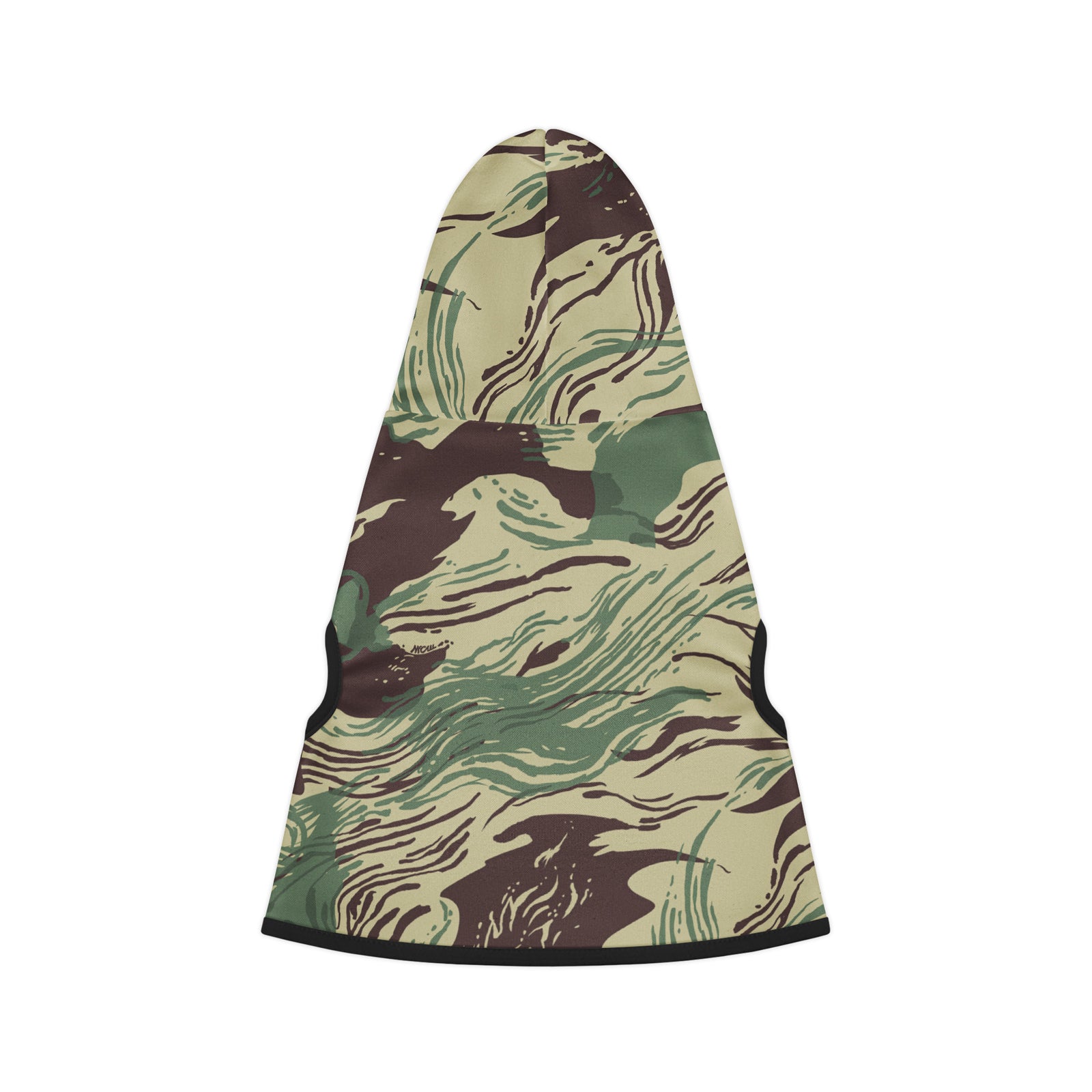 Camouflage-patterned dog coat on a white background