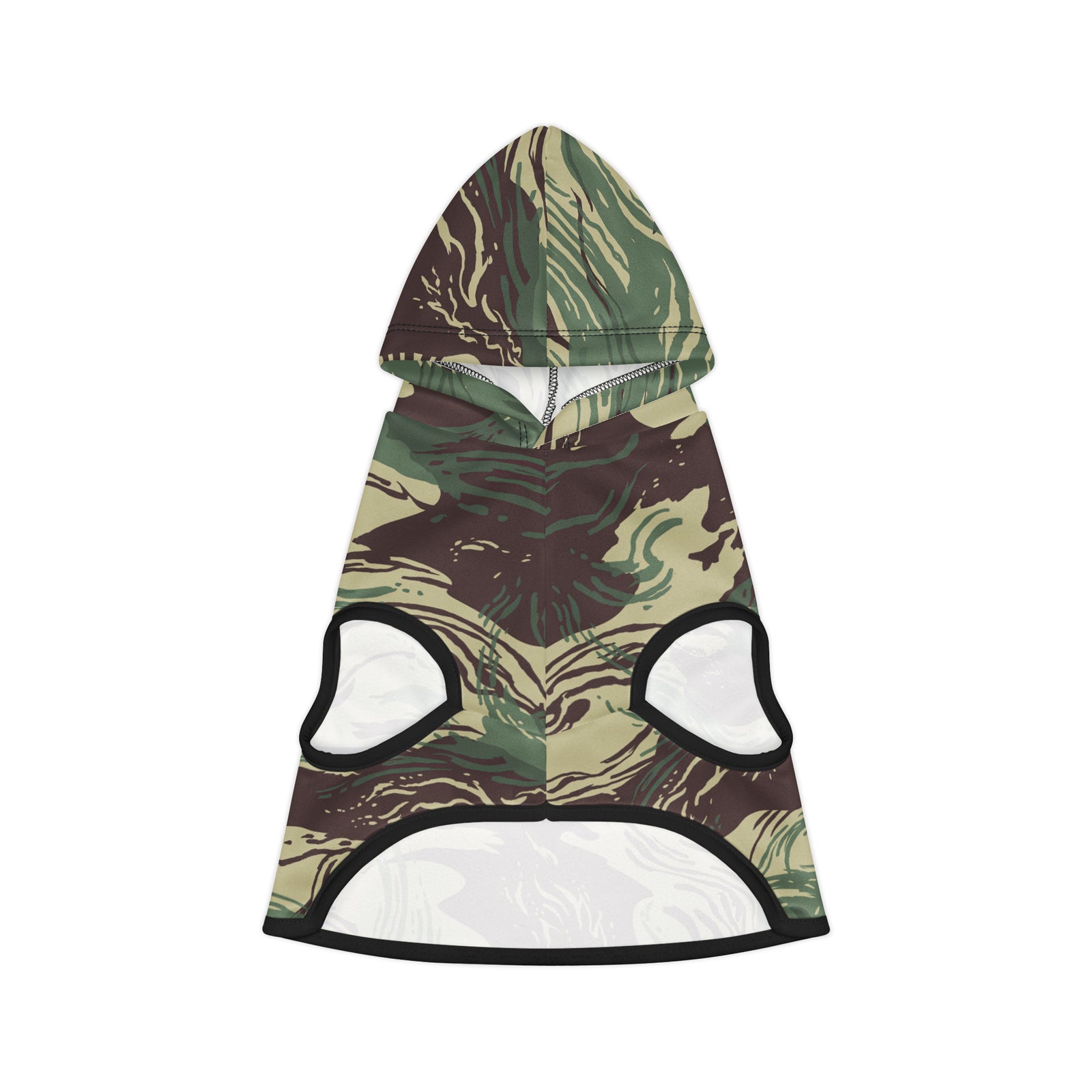 Camouflage-patterned dog hoodie with white accents on a white background
