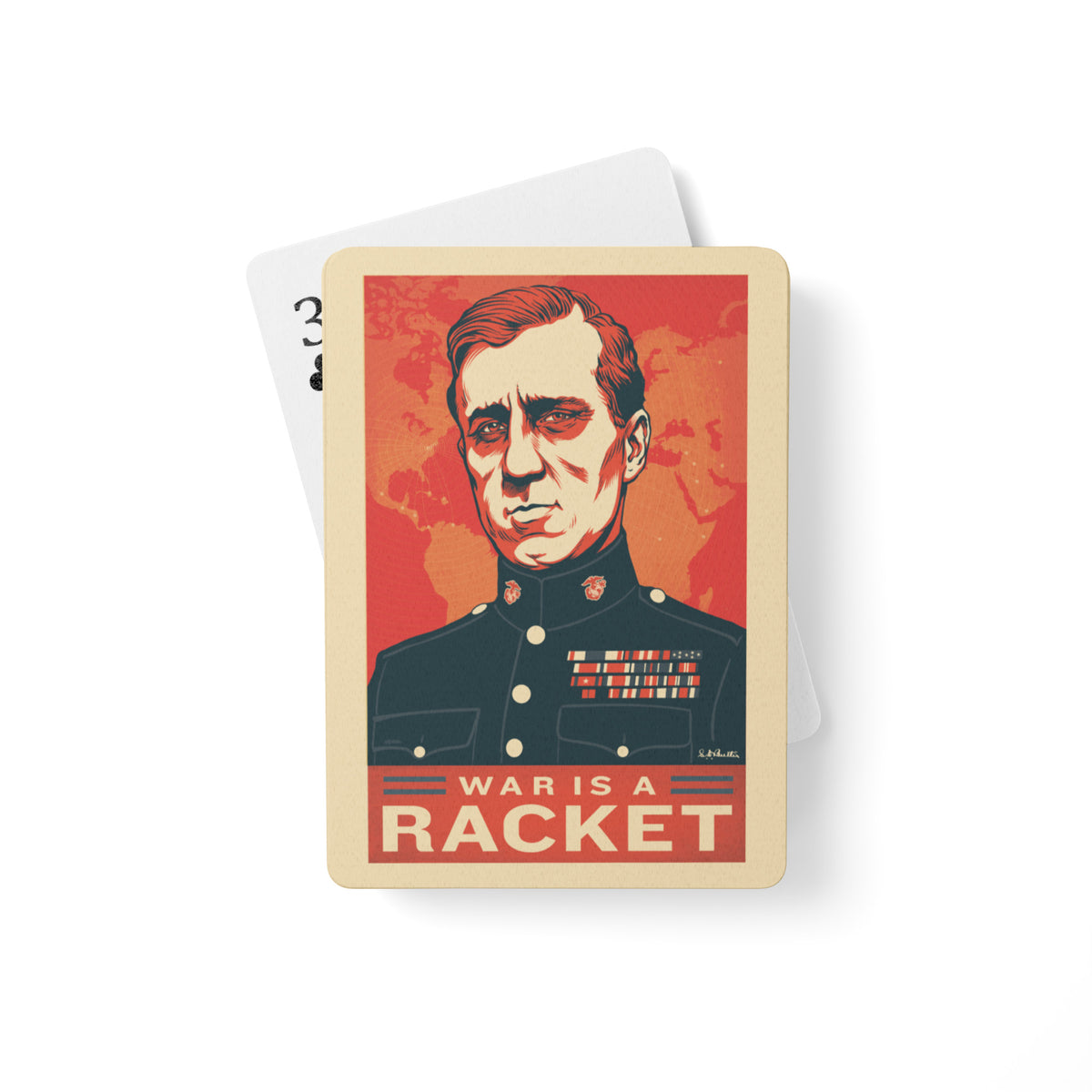 Playing cards with a portrait and 'War is a Racket' text on a white background