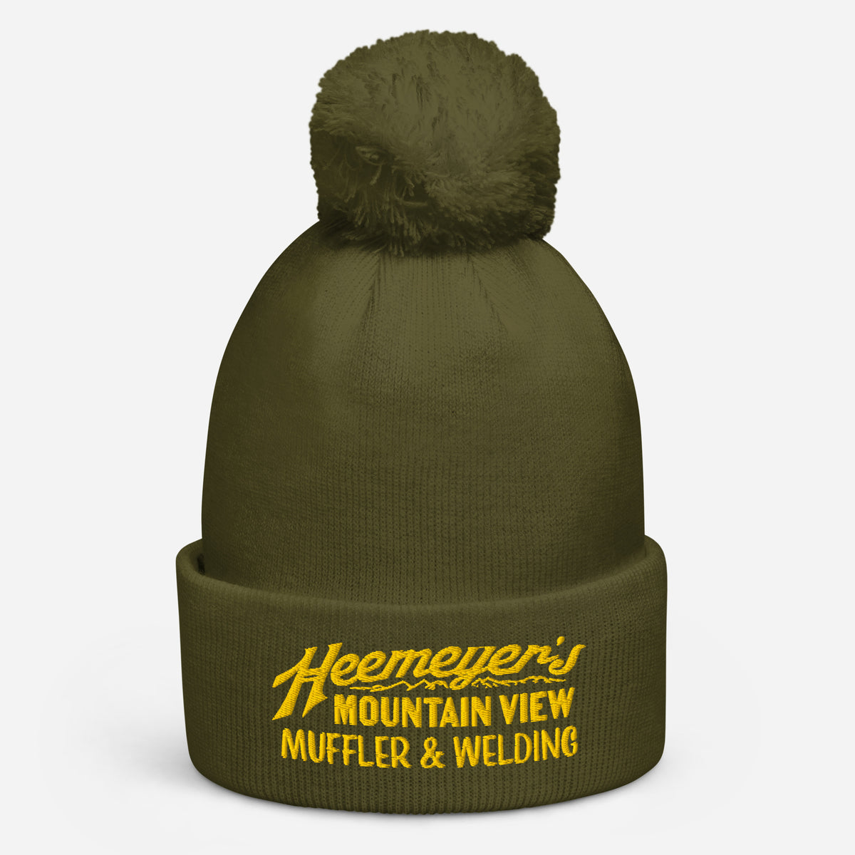 Moss green Heemeyer’s Mountain View Muffler embroidered pom-pom beanie, front product view
