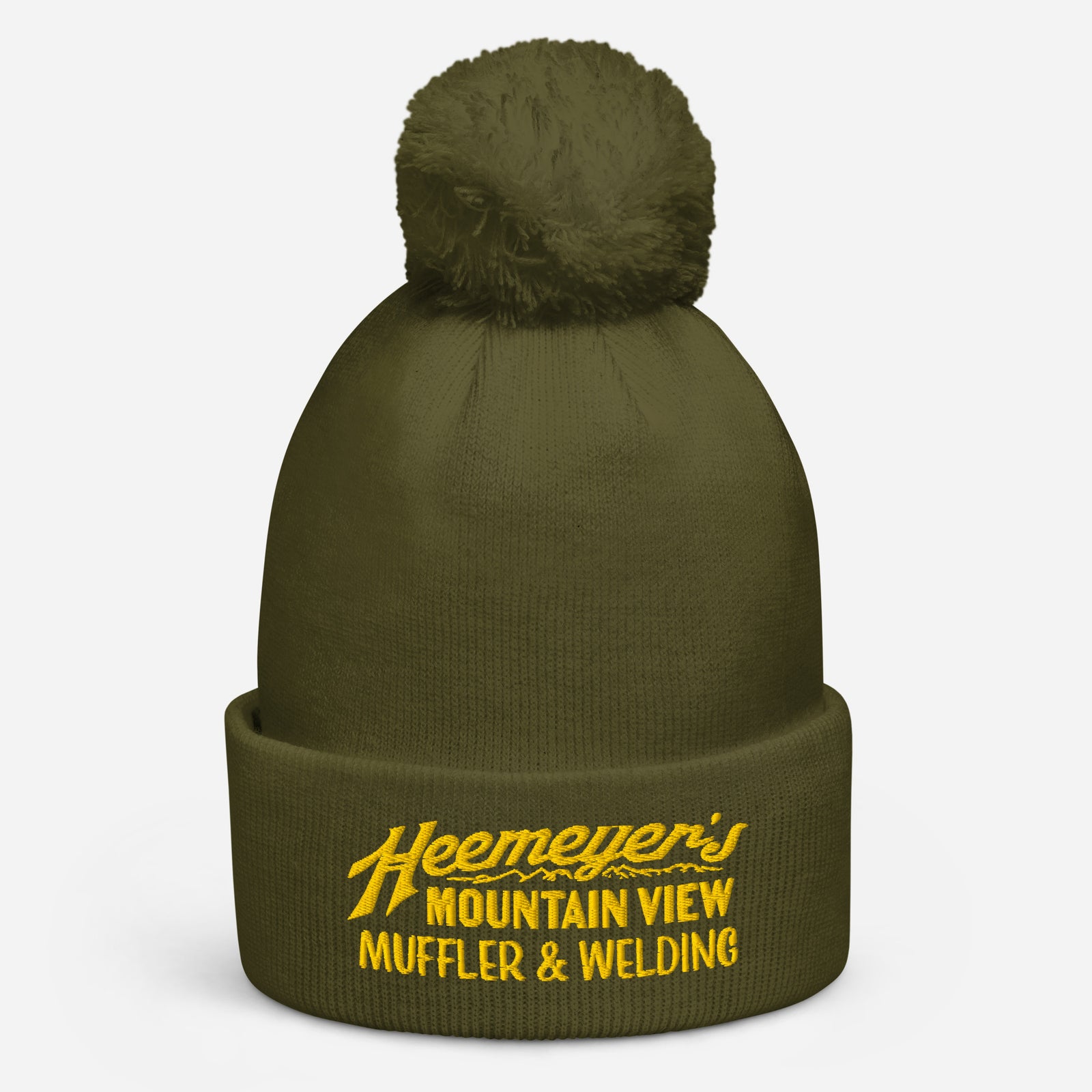 Moss green Heemeyer’s Mountain View Muffler embroidered pom-pom beanie, front product view