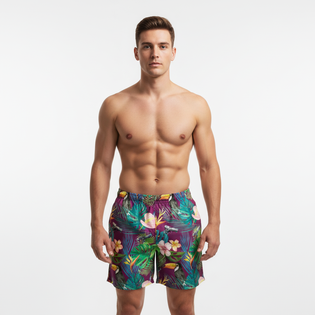 Man wearing Hibiscus Bang Bang Sunset Hawaiian Men's Swim Trunks colorful tropical print swim shorts from Liberty Maniacs. 