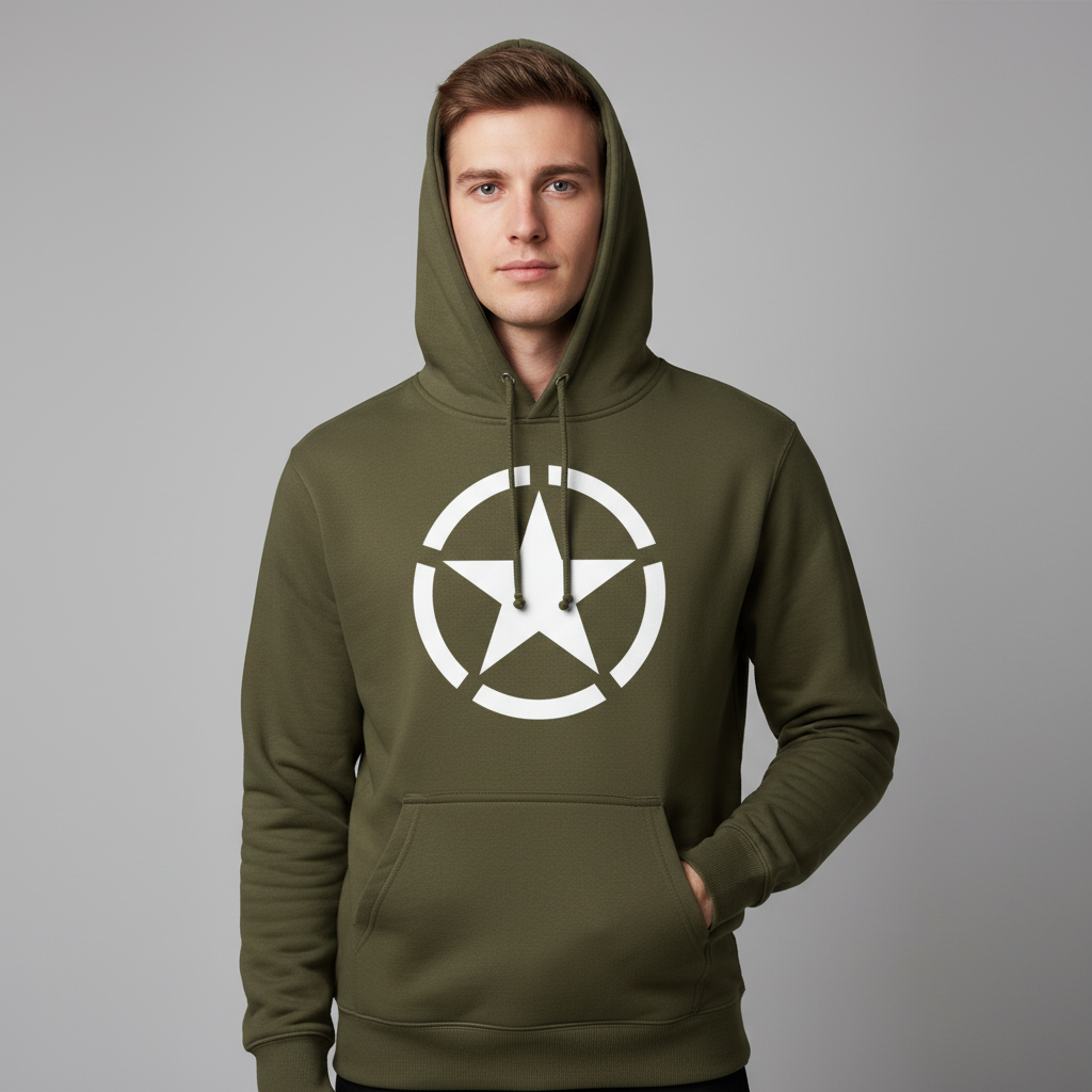 Person wearing a green hoodie with a white star logo on a gray background