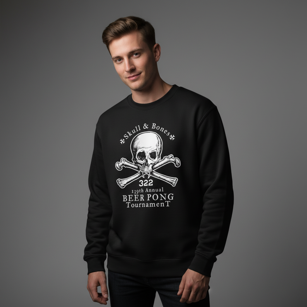 Man wearing a black sweatshirt with a skull and crossbones design on a gray background