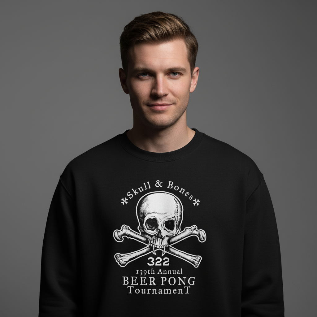 Man wearing a black sweatshirt with a skull and crossbones design on a gray background