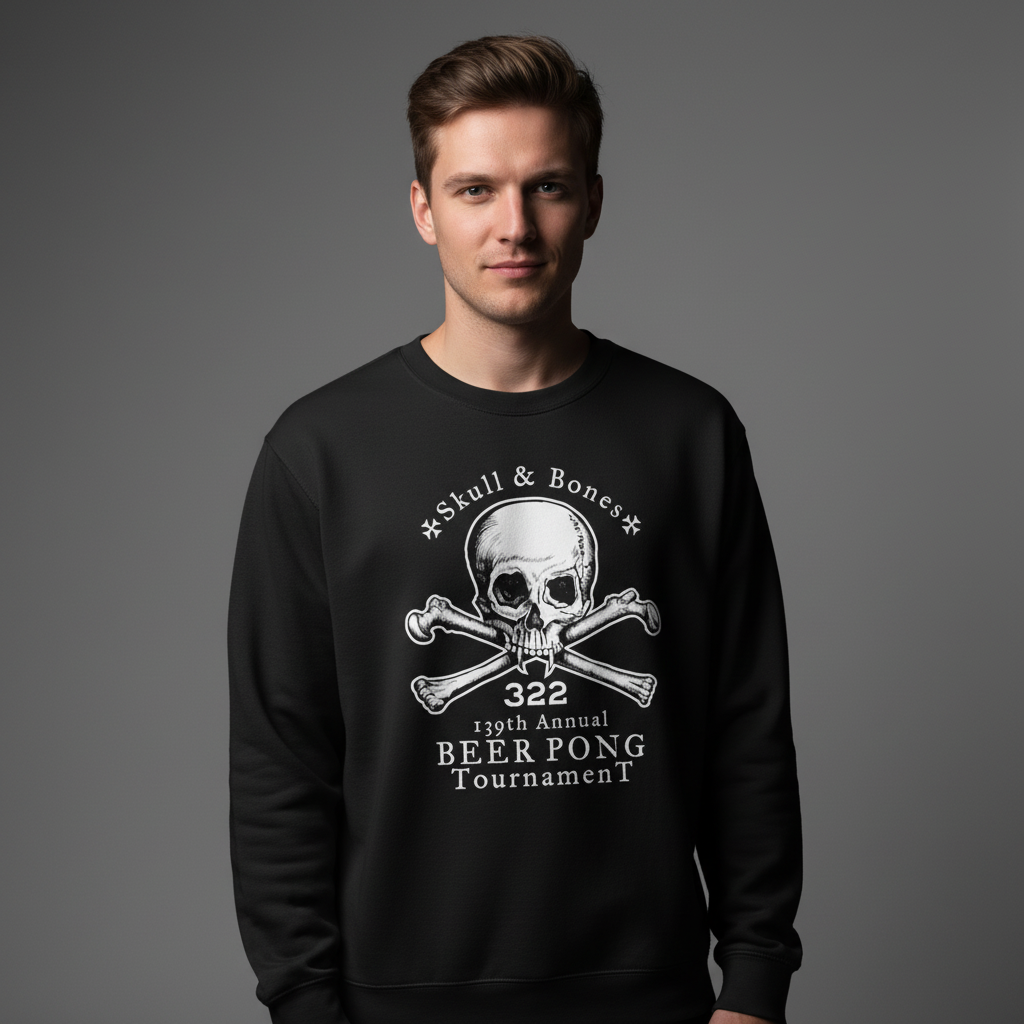 Man wearing a black sweatshirt with a skull and crossbones design and text on a gray background