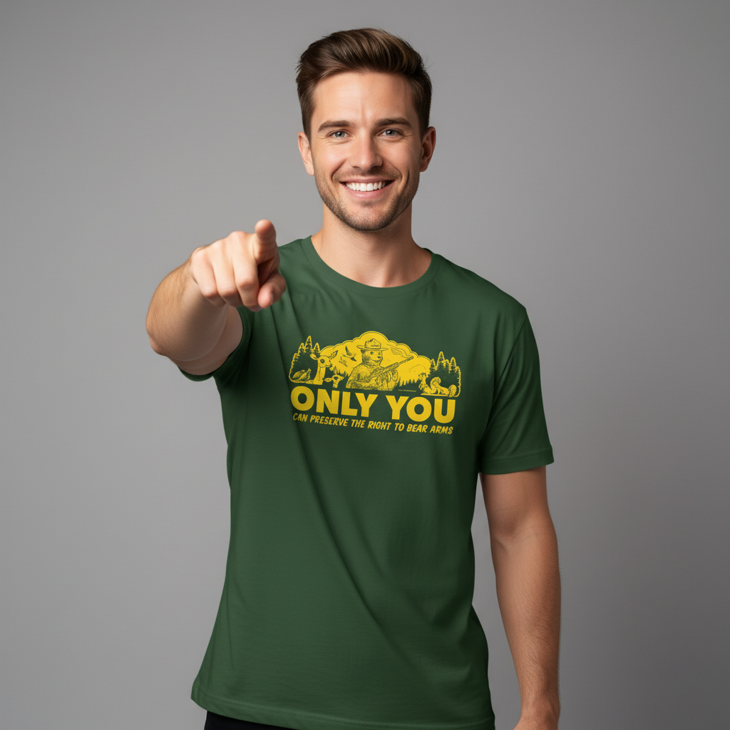 Only You Can Preserve the Right to Bear Arms Smokey Bear parody t-shirt in forest green by Liberty Maniacs
