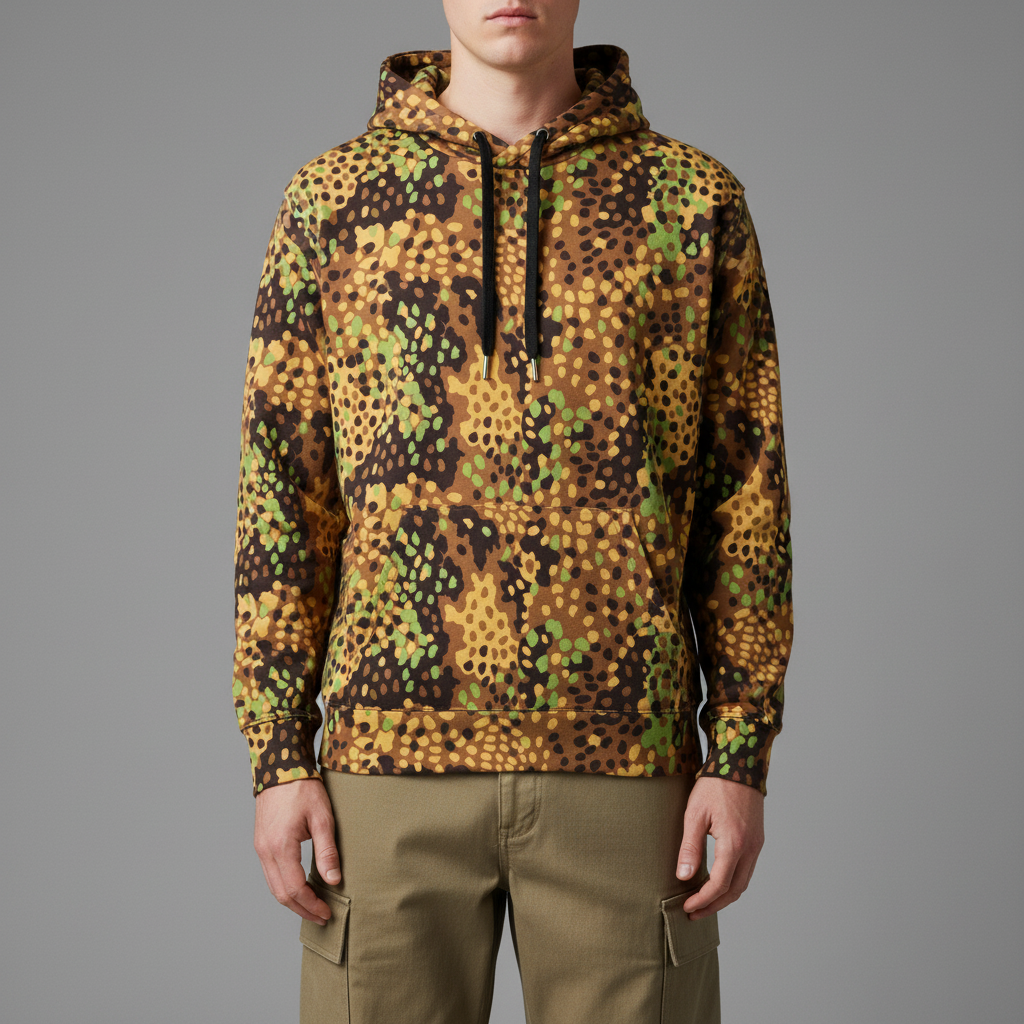 Person wearing a camouflage hoodie on a gray background