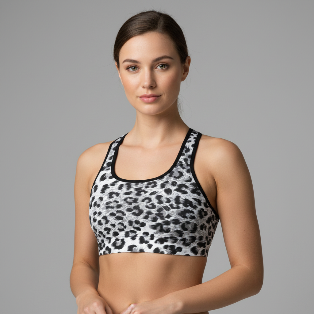 Woman wearing a leopard print sports bra against a gray background