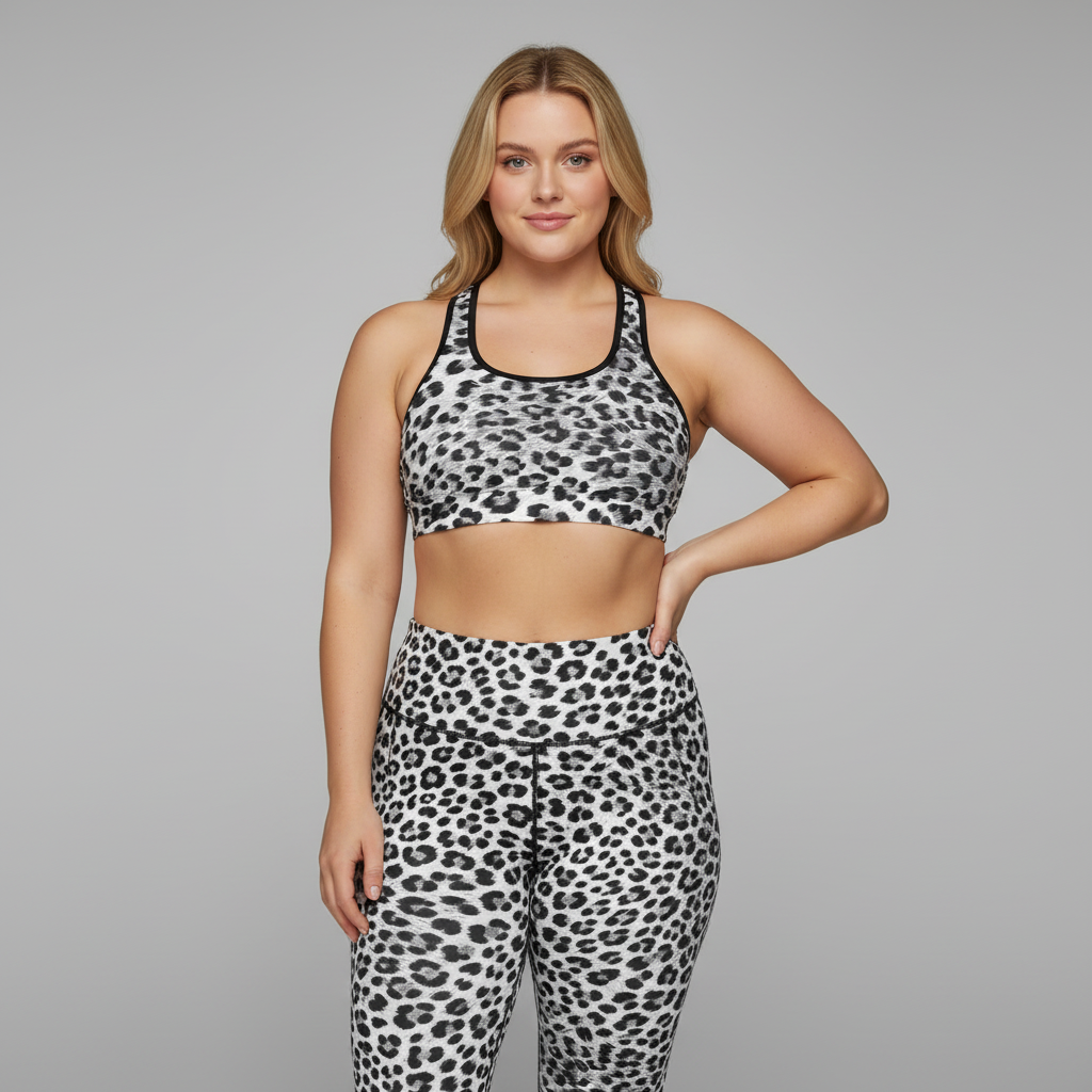 Woman wearing a leopard print sports bra and leggings on a gray background