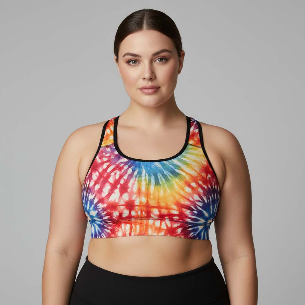 Woman wearing a colorful tie-dye 2XL sized sports bra against a gray background from Liberty Maniacs.