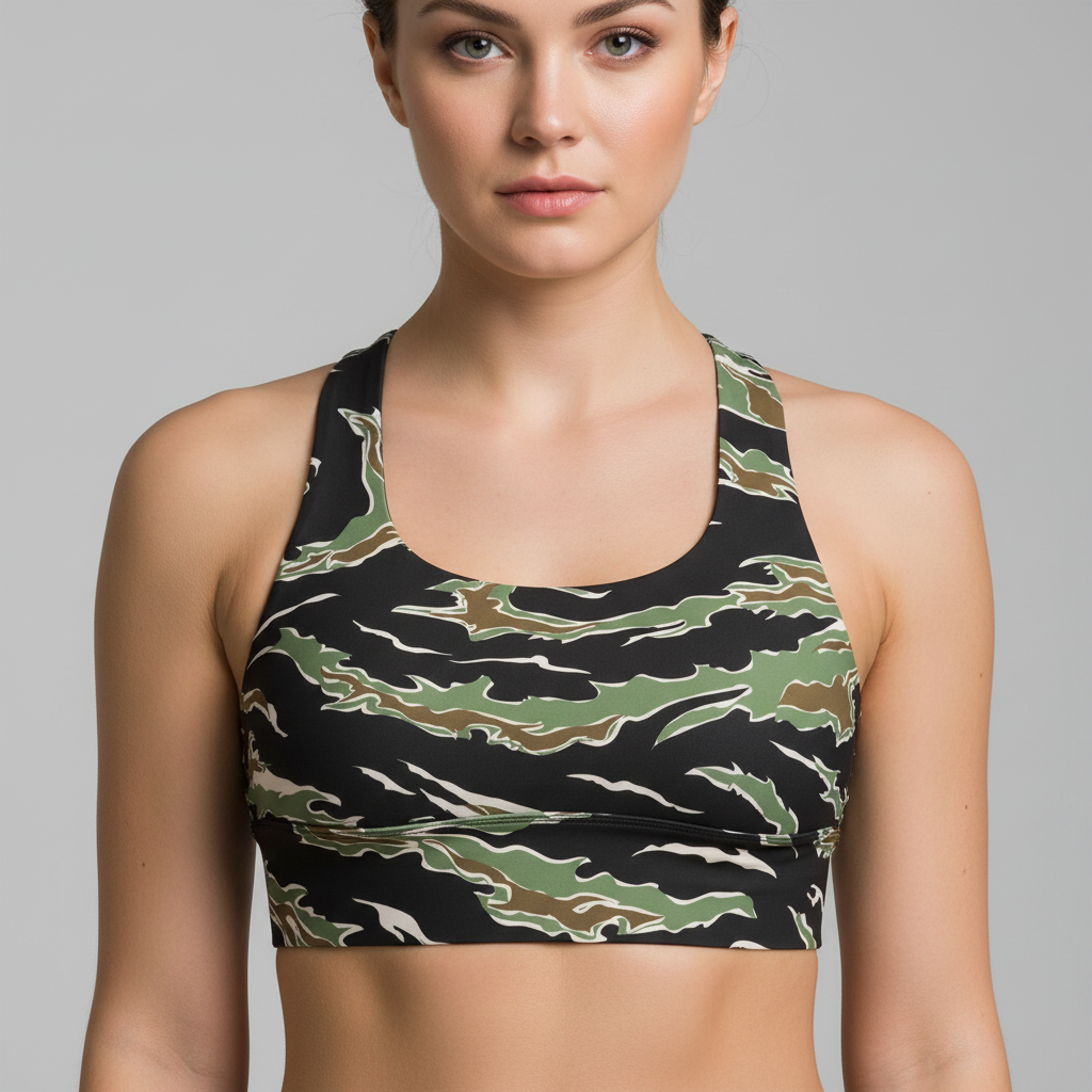 Woman wearing a camouflage sports bra against a gray background