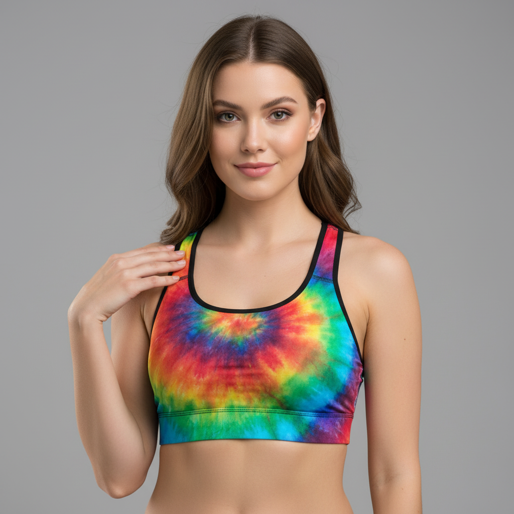 Woman wearing a colorful tie-dye sports bra on a gray background