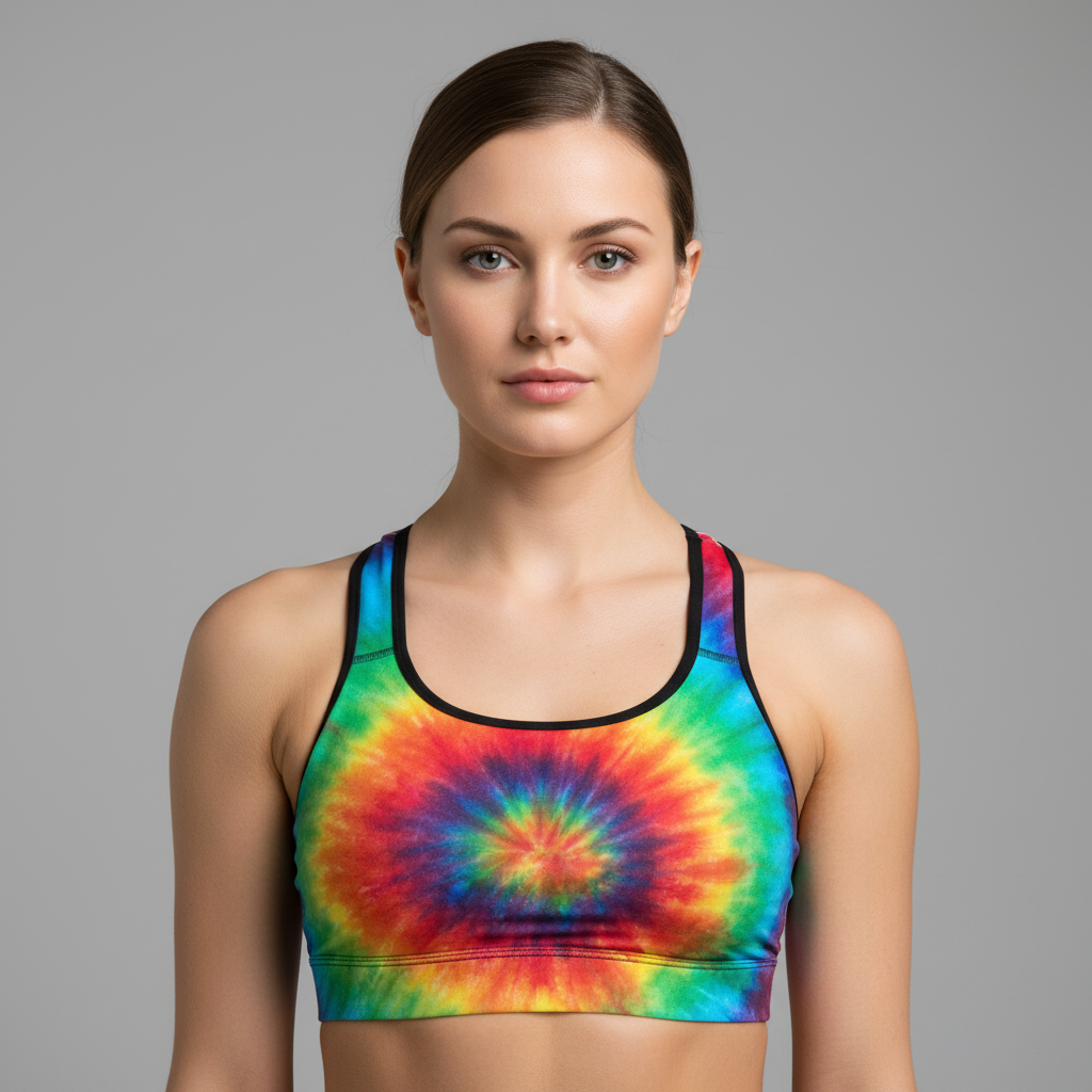 Woman wearing a colorful tie-dye sports bra against a gray background