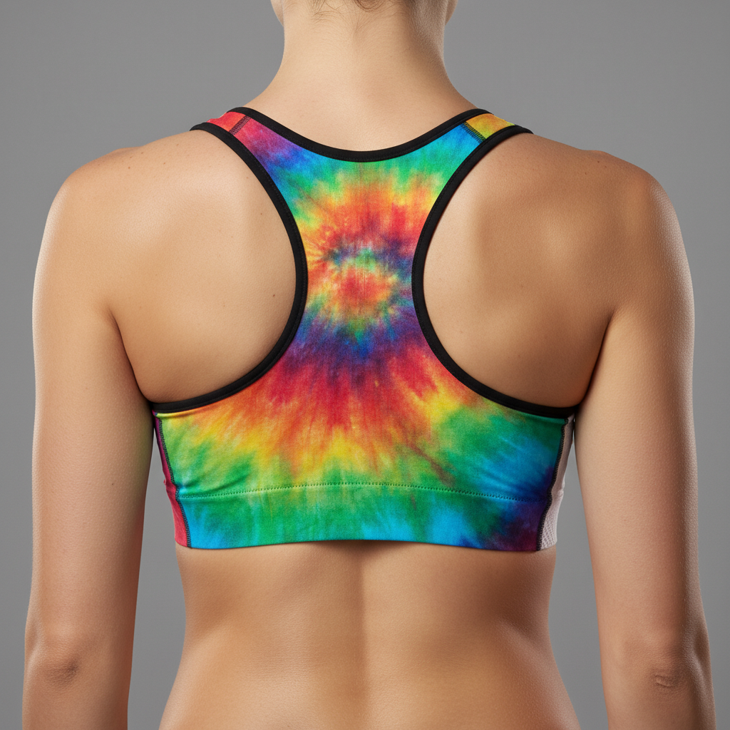 Multicolored tie-dye sports bra on a gray background