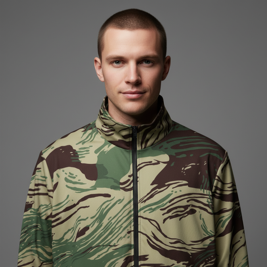 an wearing Rhodesian Brushstroke Camo Track Jacket by Liberty Maniacs, front zipper closed