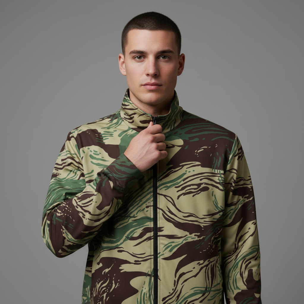 Model resting hand near face while wearing Rhodesian Brushstroke Camo Track Jacket