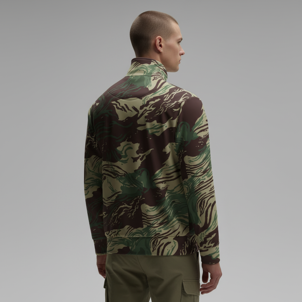 Model showing full back while wearing Rhodesian Brushstroke Camo Track Jacket