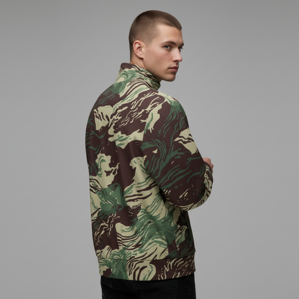 Model turned to the side in Rhodesian Brushstroke Camo Track Jacket, profile view