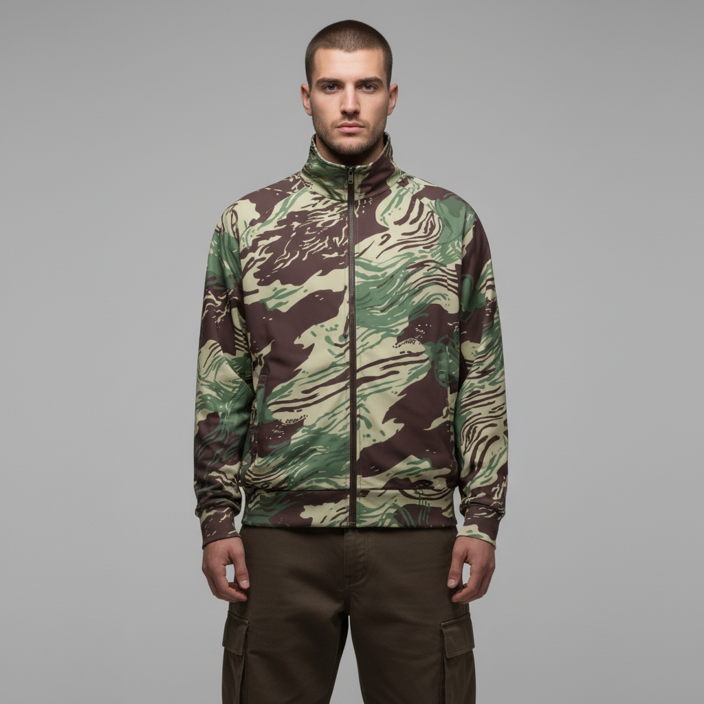 Man wearing Rhodesian Brushstroke Camo Track Jacket by Liberty Maniacs