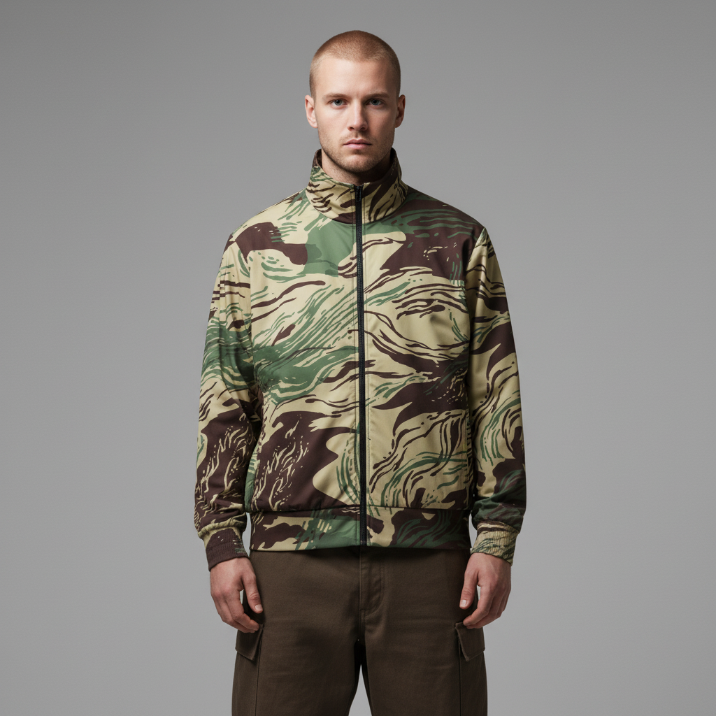 Model wearing Rhodesian Brushstroke Camo Track Jacket, straight-on view