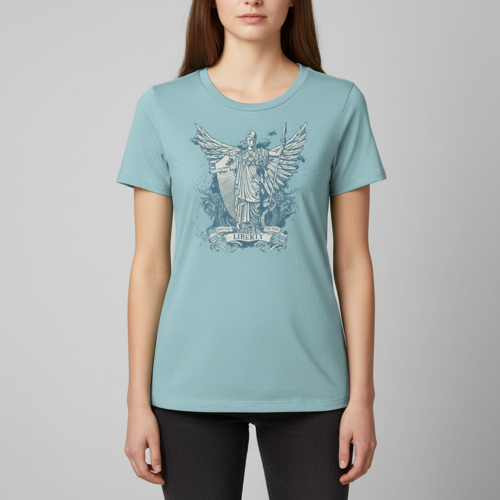 Women's blue t-shirt with a graphic print of the Roman goddess Libertas based on the Statue of Liberty.