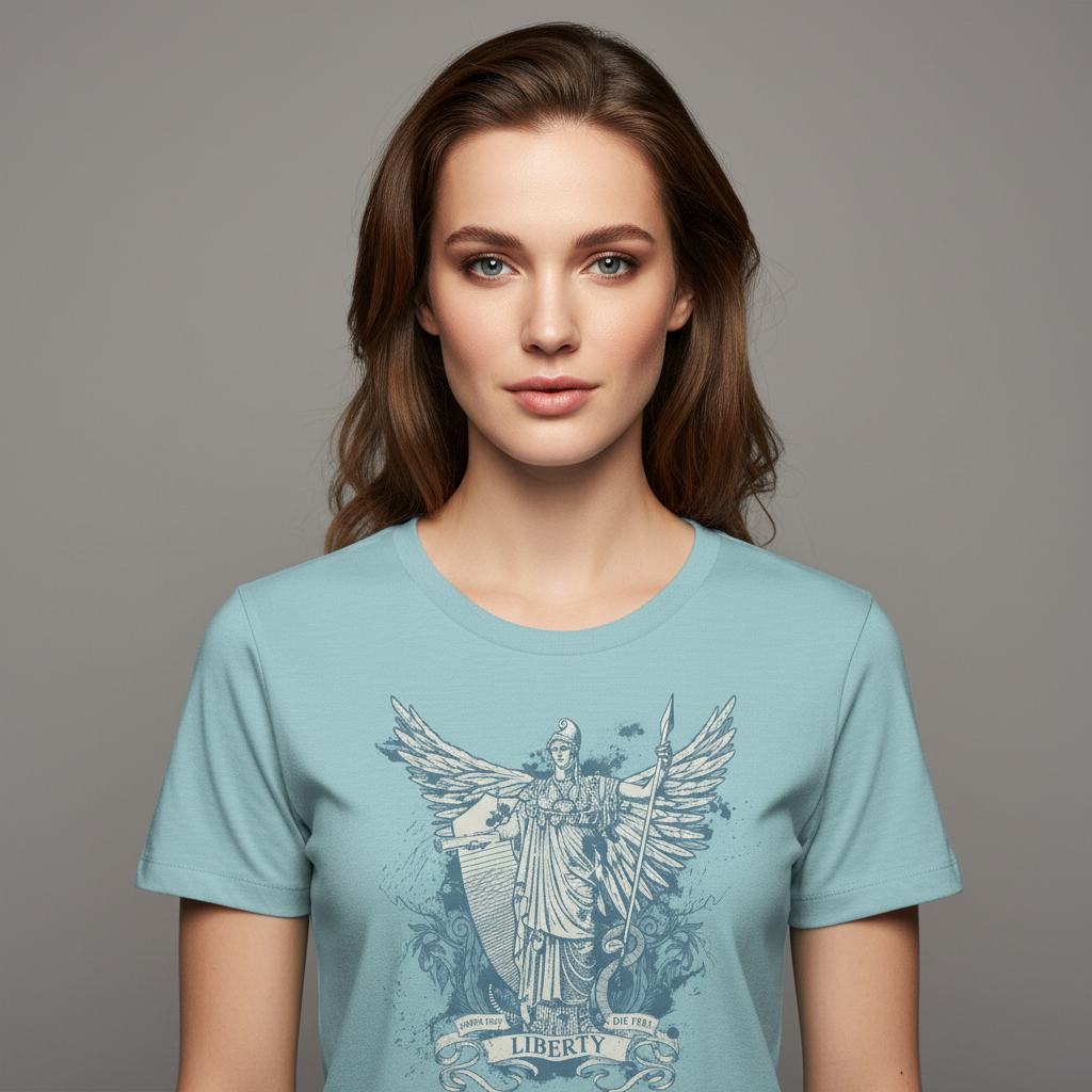 Woman wearing a light blue t-shirt with a graphic of Libertas by Liberty Maniacs on her shirt. 