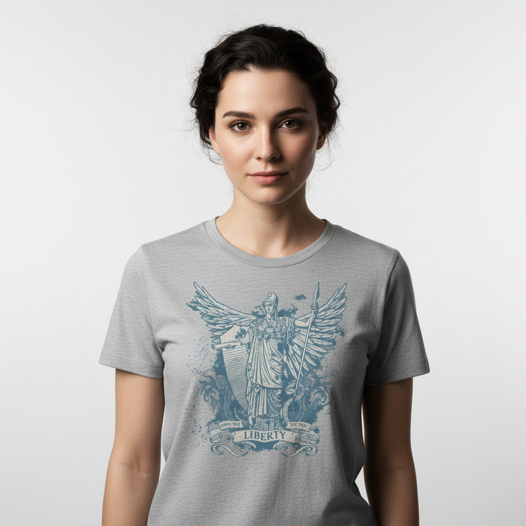 Woman wearing a gray t-shirt with a graphic print of the Roman goddess Libertas based on the Statue of Liberty.
