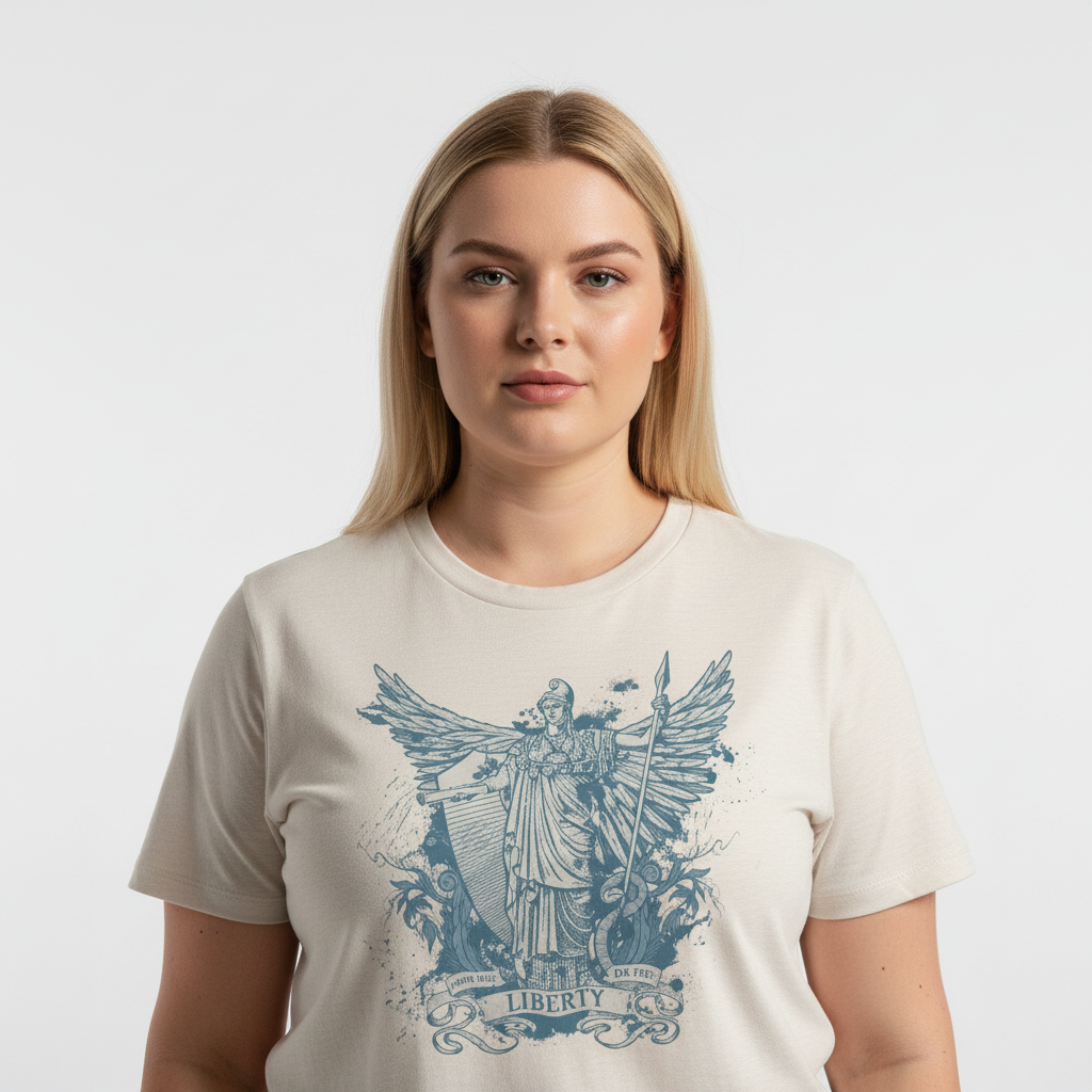 Woman wearing a natural white 3X: relaxed fit t-shirt with blue graphic of the Goddess Libertas on a plain background.