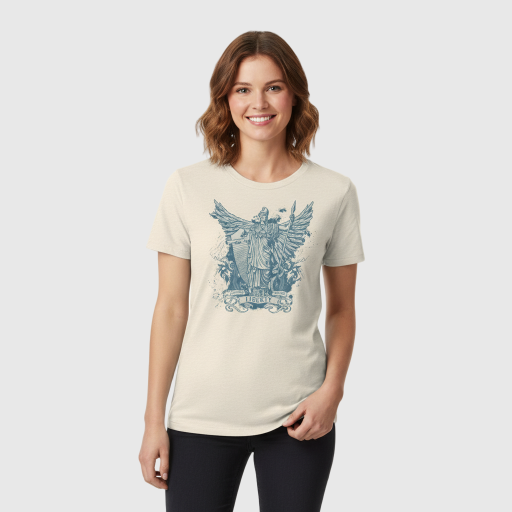 Woman wearing a cream t-shirt with a blue graphic design on a white background