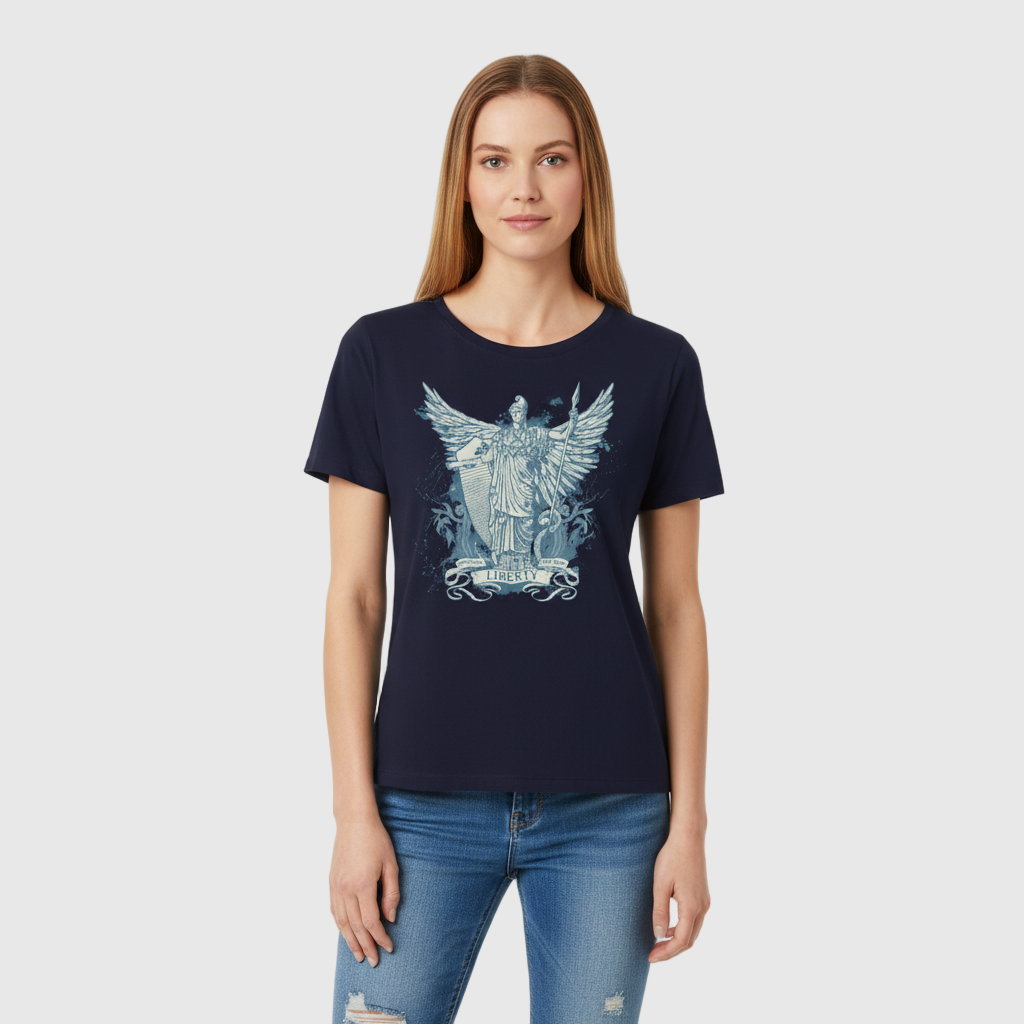 Woman wearing a navy blue t-shirt with a Libertas Lady Liberty design from Liberty Maniacs design on a white background