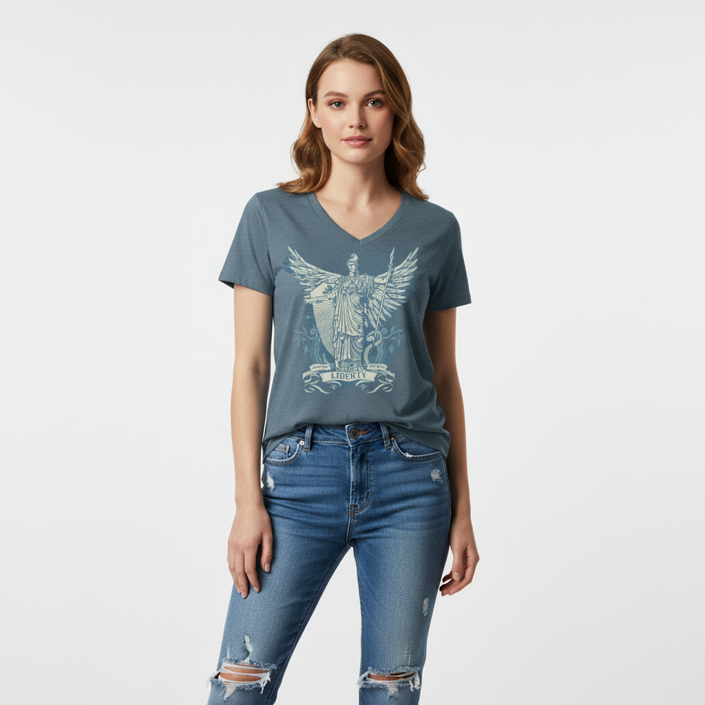Woman wearing a blue v-neck t-shirt with a Libertas Lady Liberty design from Liberty Maniacs design on a white background