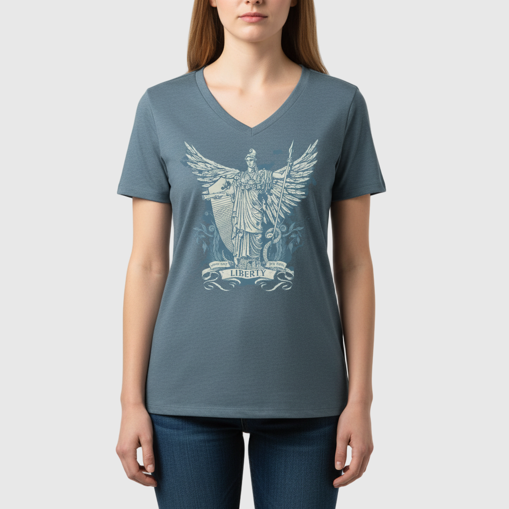 woman wearing a relaxed fit blue v-neck t-shirt with a graphic of the Roman Goddess Libertas on the front by Liberty Maniacs