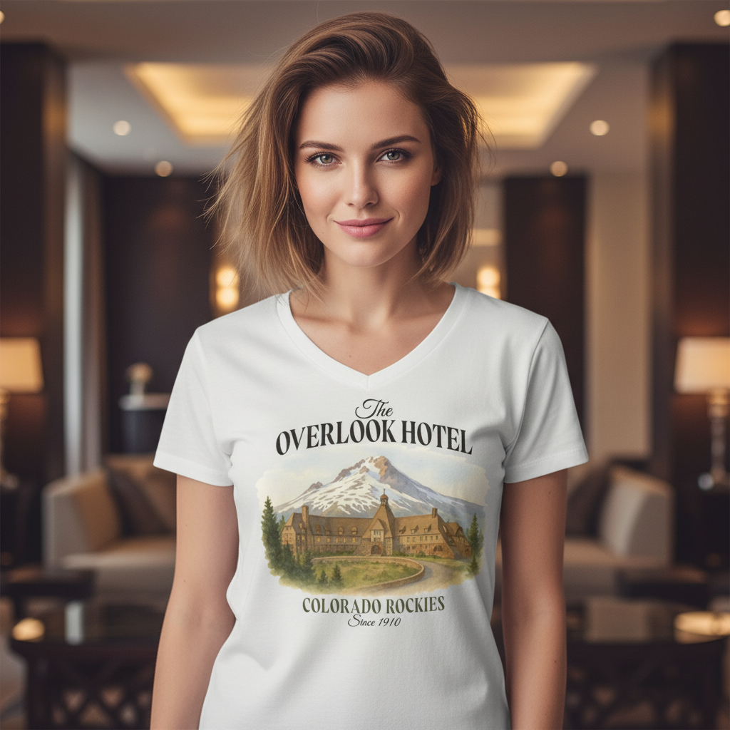 Woman wearing a t-shirt with &#39;The Overlook Hotel&#39; design in a hotel lobby.