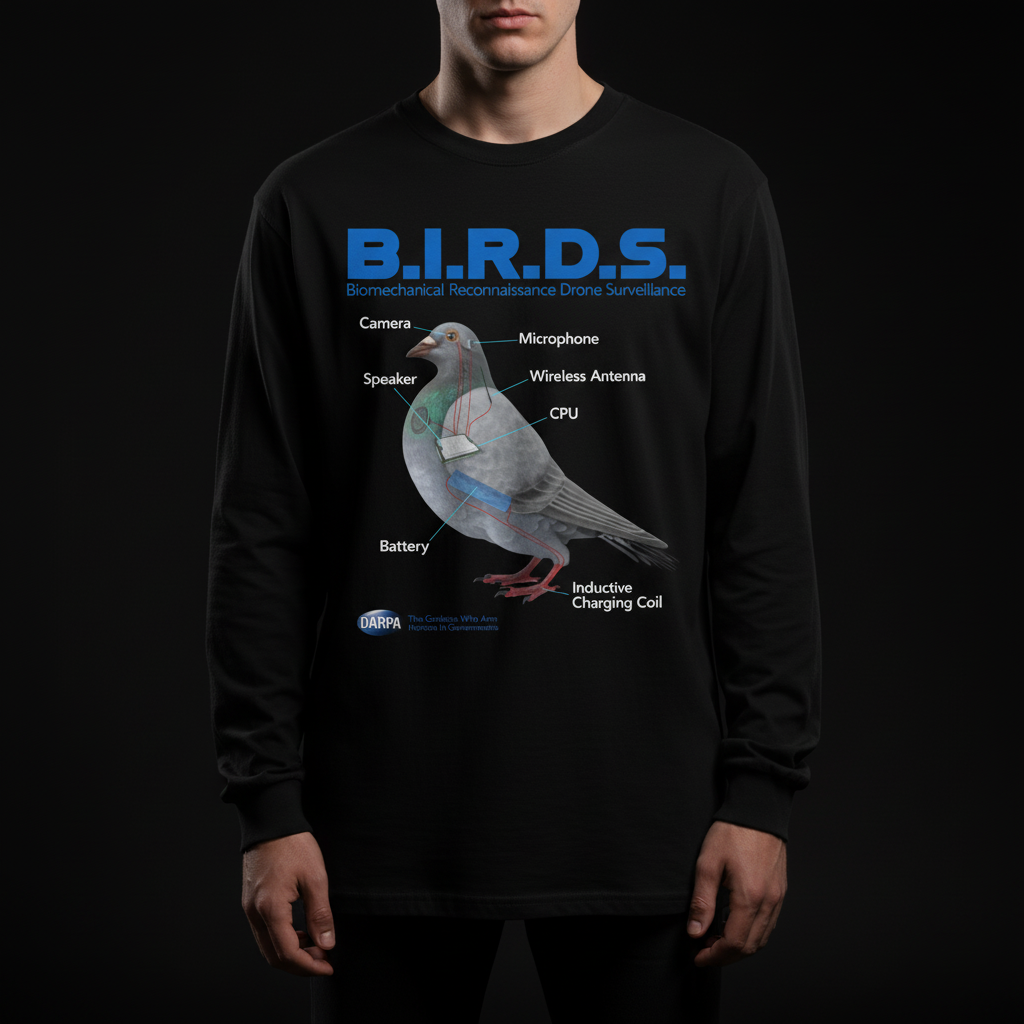Black sweatshirt with a graphic of a pigeon labeled &#39;B.I.R.D.S.&#39; on a black background