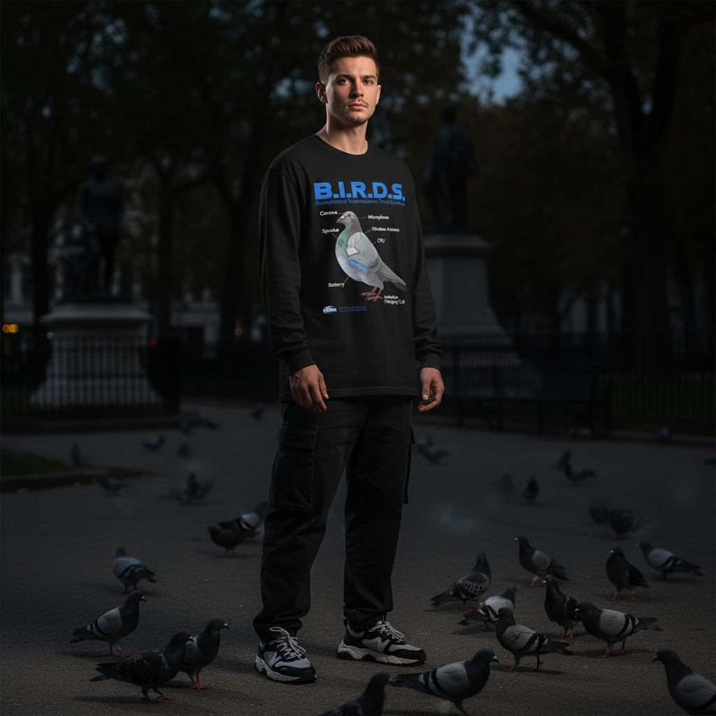 Man wearing a black sweatshirt with &#39;B.I.R.D.S.&#39; branding and pigeon illustration, standing in a park with pigeons around.