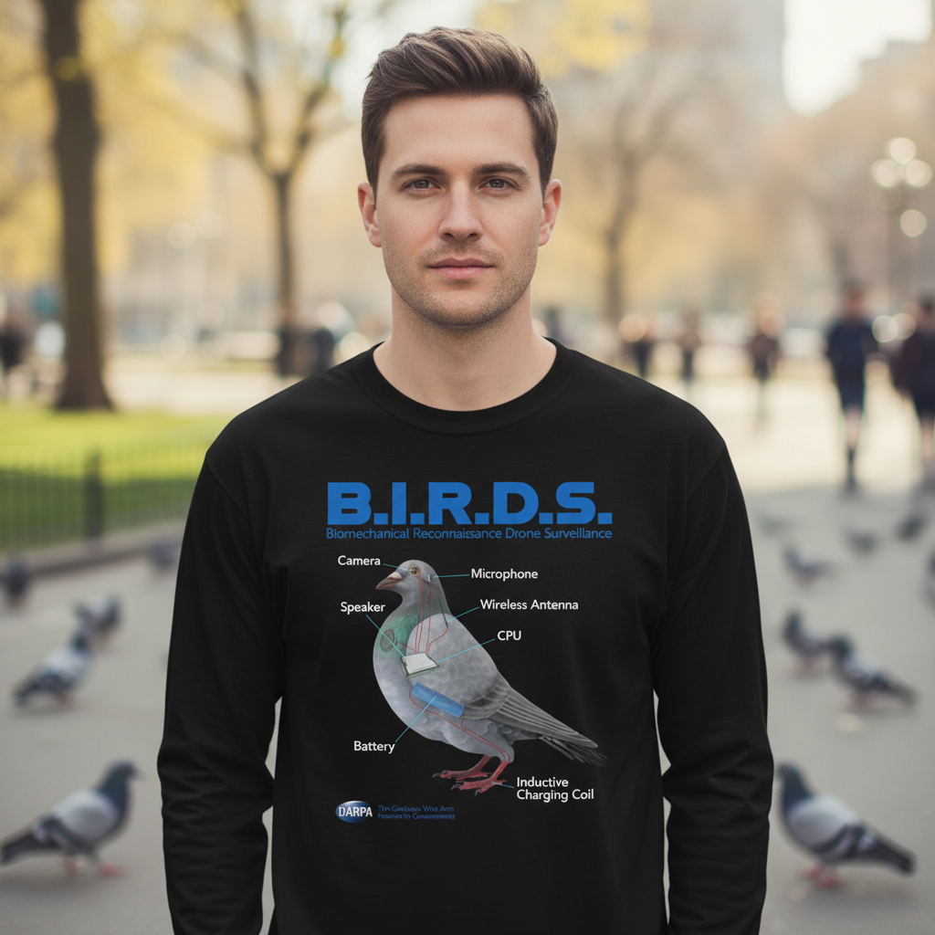 Man wearing a black long-sleeve shirt with a diagram of a pigeon labeled 'B.I.R.D.S.' in an outdoor setting. B.I.R.D.S. long sleeve shirt showing pigeon surveillance drone diagram with labeled parts including camera, microphone, speaker, CPU, battery, antenna, and charging coil.