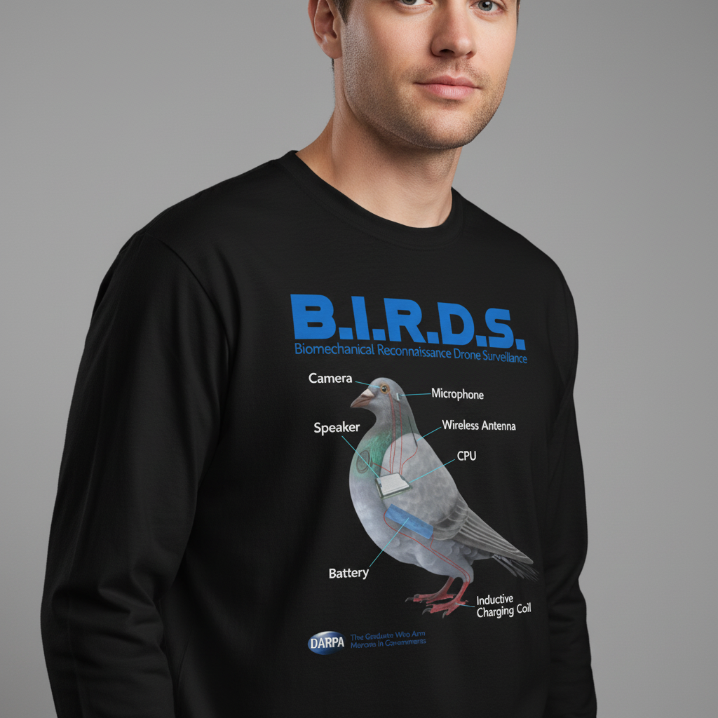 Person wearing a black long-sleeve shirt with a diagram of a pigeon fitted with B.I.R.D.S. technology on a gray background.