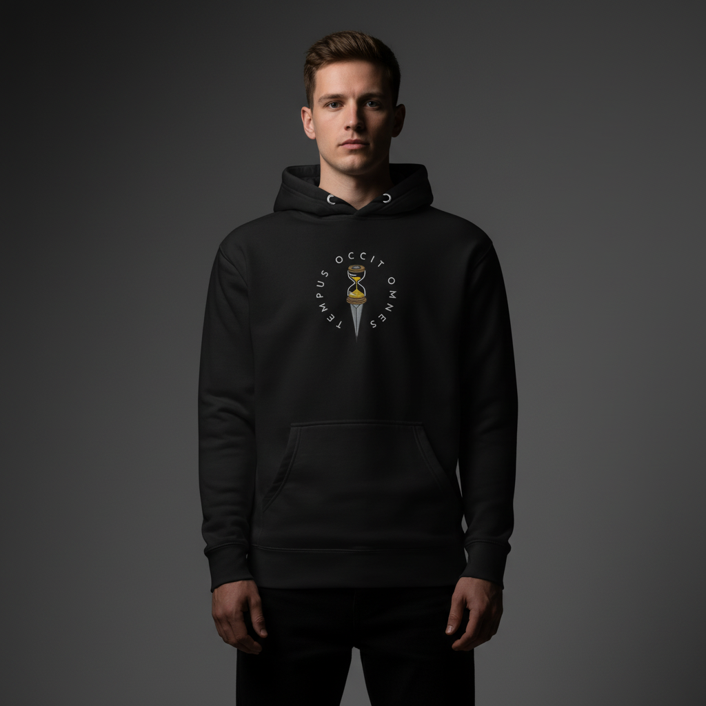 Person wearing a black Tempus Occit Omnes Time Kills All Embroidered Hoodie