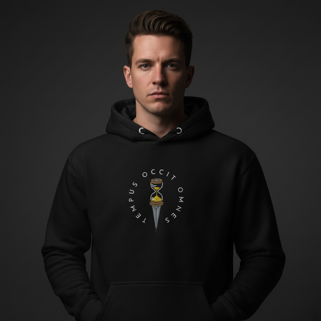 Black hoodie with the Latin phrase 'Tempus Occit Omnes' embroidered on the front near the center, featuring a hourglass design within the letters.