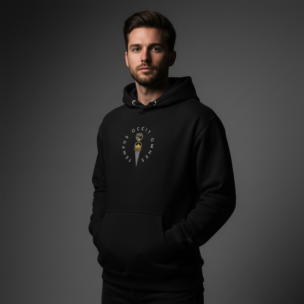 Person wearing a black Tempus Occit Omnes Time Kills All Embroidered Hoodie