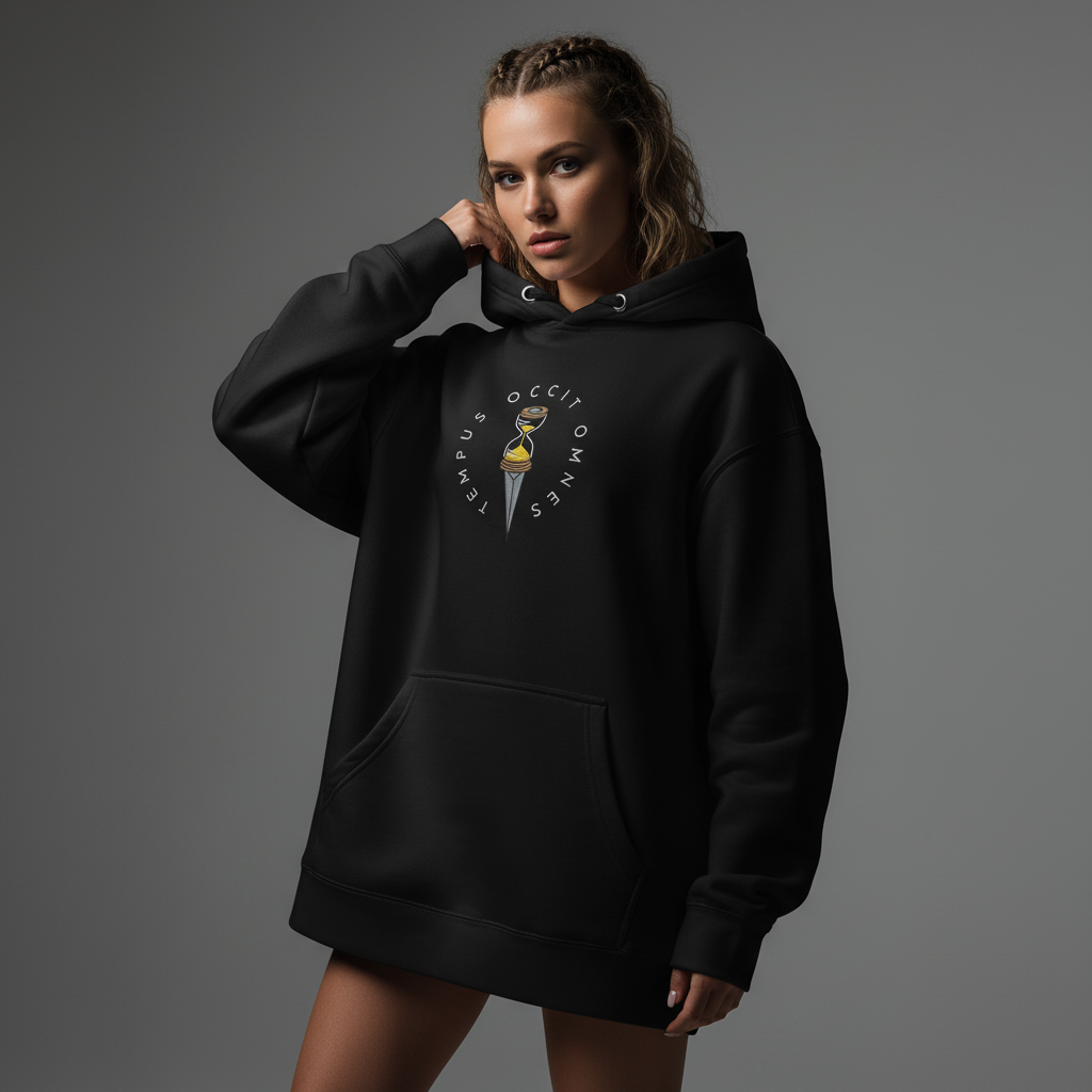 Woman wearing an oversized black Tempus Occit Omnes Time Kills All Embroidered Hoodie