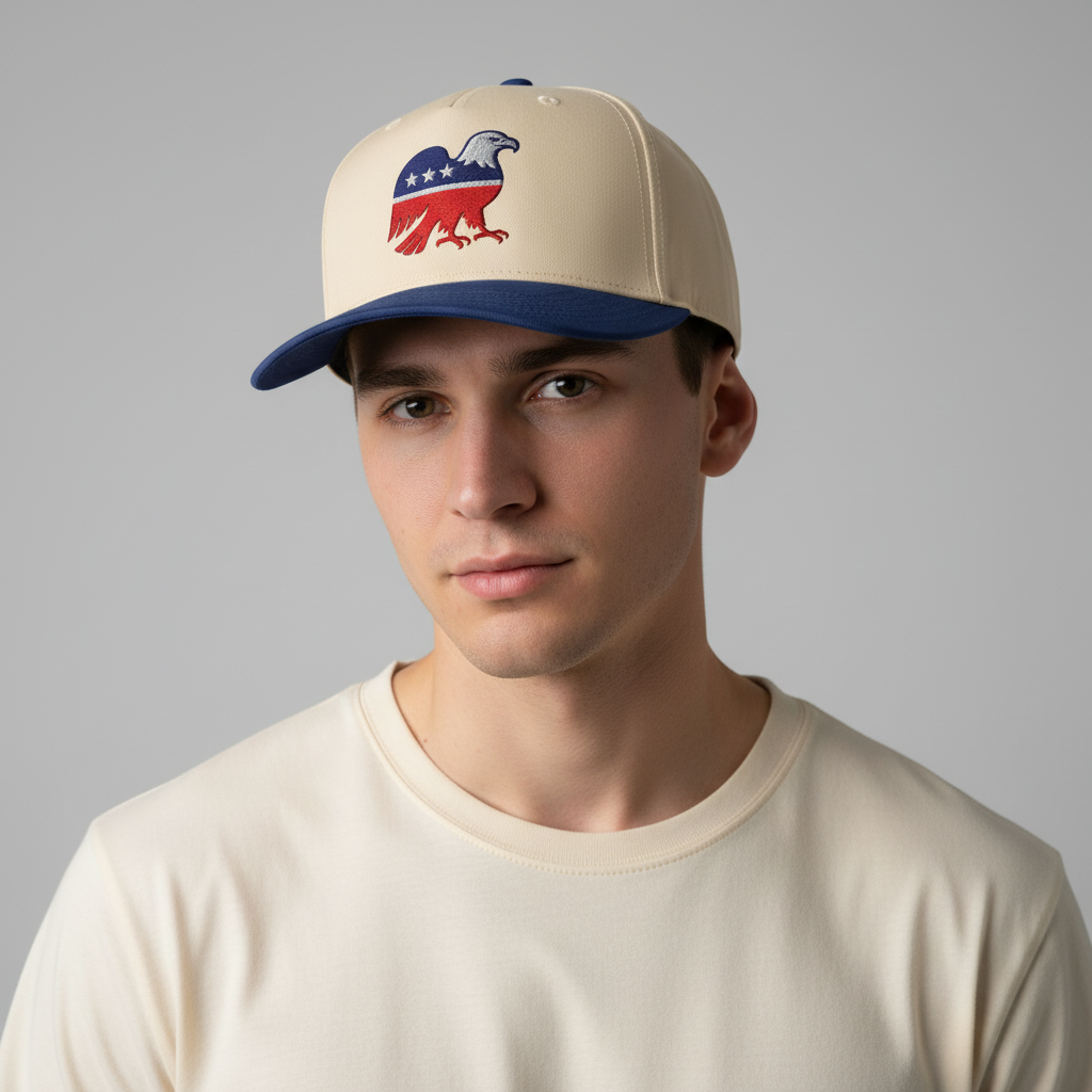 Man wearing a beige 5 Panel Cap with an American Eagle Emblem
