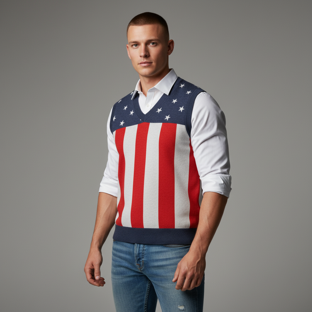 Man wearing a sweater with an American flag design on a gray background