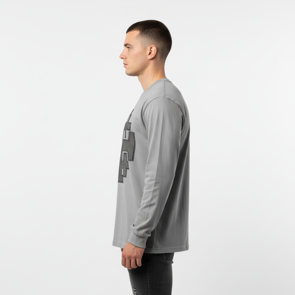 Man wearing a gray Jerusalem Cross Garment-dyed Heavyweight Long-sleeve Shirt