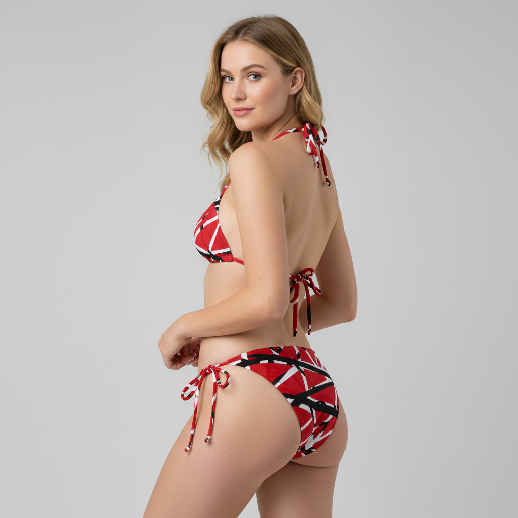 Woman wearing a red and white bikini with geometric pattern on a gray background