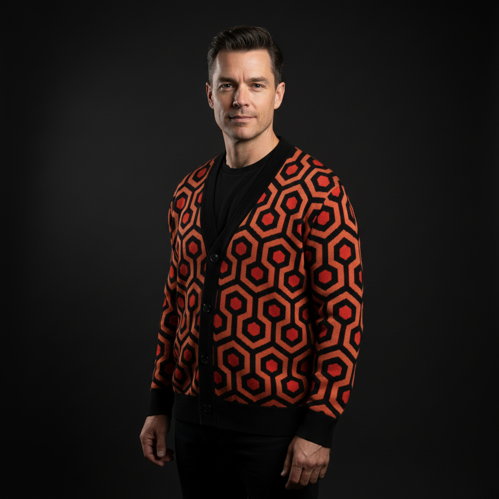 Man wearing a patterned sweater with red and black design called the Overlook Knit Cardigan – The Shining Carpet Sweater 